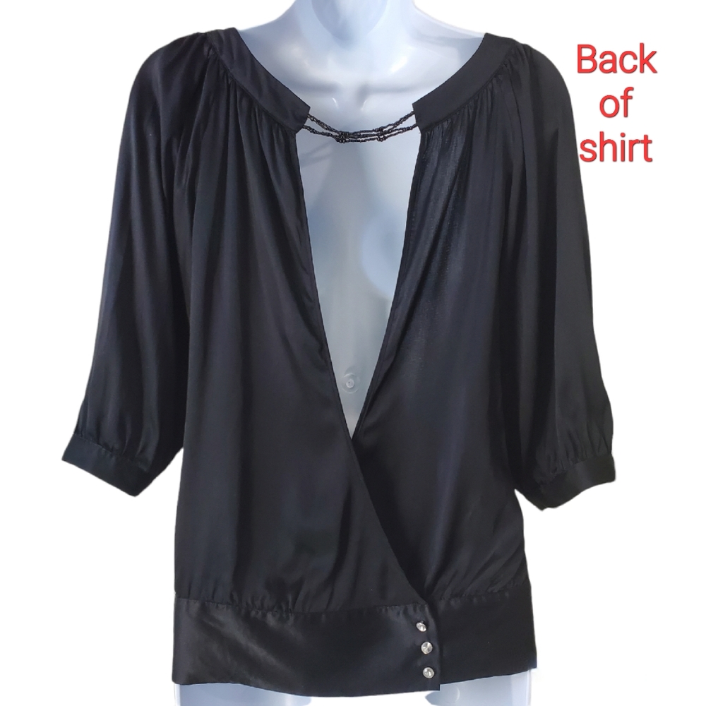 GUESS Brand Party Boho Peasant Shirt Black w/Rhinestones Scooping Neck Open Back